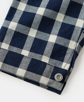 Plaid work jacket hem with stitched cuff and snap button