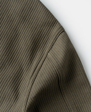 Dark olive striped jacket shoulder seam and curved sleeve panel