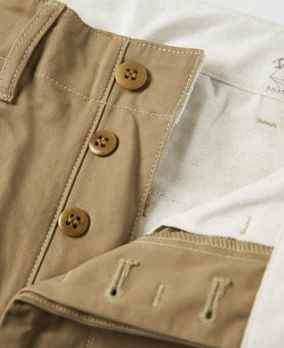 Khaki officer trousers interior waistband with buttons and stitched fly