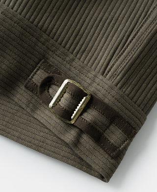 Dark olive striped jacket hem cuff with adjustable strap and metal buckle