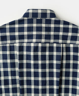 Back view of blue-and-white plaid work jacket with yoke seam