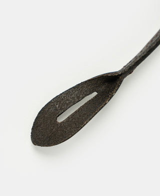 Button-on suspender end with striped dark olive fabric and oval loop tab