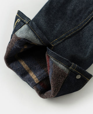 Indigo denim jacket cuff with plaid sherpa lining and dark snap button