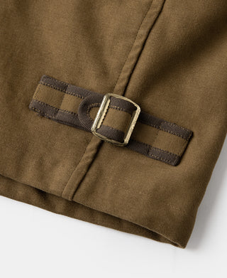 Brown moleskin cossack jacket front strap with metal buckle