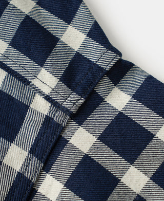 Plaid work jacket neckline with stitched placket and folded collar edge