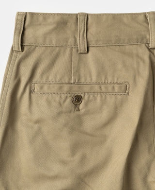 Khaki cotton twill trousers back pocket with button and stitched flap detail
