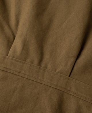 Brown moleskin cossack jacket front with curved yoke seam