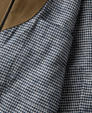 Brown cossack jacket lining in blue-and-white houndstooth pattern