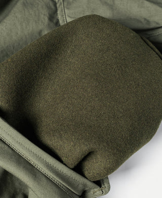 Olive parka hood lined with dark olive knit fleece