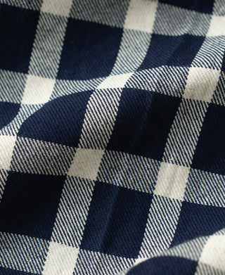Navy and white plaid work jacket fabric texture close-up