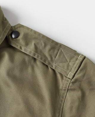 Khaki green jacket side pocket with snap button and stitched pocket opening