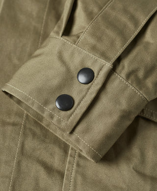 Khaki green jacket cuff with two snap buttons and stitched buttoned flap