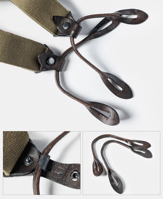 Olive X-back suspenders with brown leather ends and metal clips