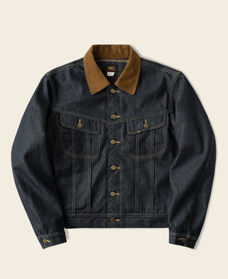 Indigo denim jacket with brown corduroy collar and buttoned front, chest flap pockets