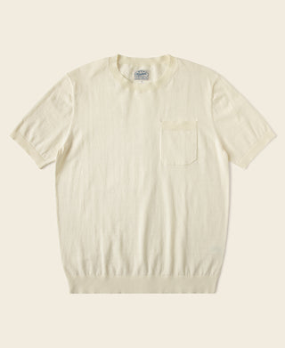 Light cream jersey knit short-sleeve T-shirt with front pocket and ribbed hem