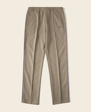 Khaki waffle-knit jogger pants with elastic waistband and straight legs