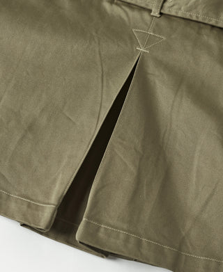 Khaki green jacket front pocket with triangular stitched opening