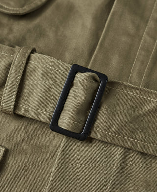 Khaki green jacket belt loop with black rectangular buckle frame