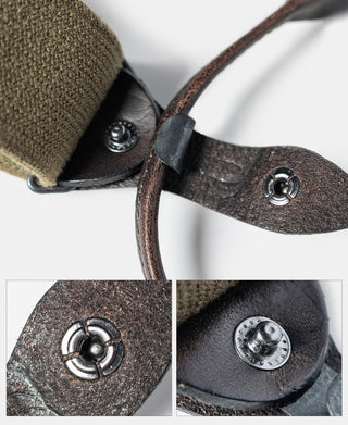 Olive X-back suspender leather strap detail with round metal rings and grommets