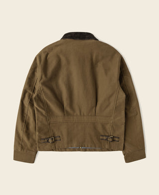 Brown moleskin cossack jacket back with dark knit collar and snap strap pockets