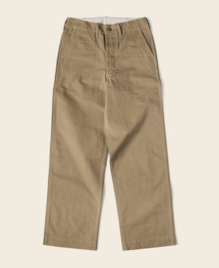Khaki military officer trousers with straight back, center seam, and belt loops