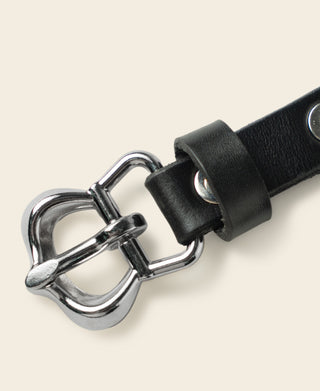 Black leather belt with silver-tone buckle and matching black keeper strap