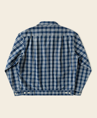 Blue plaid camp-collar shirt jacket, back view with buttoned hem