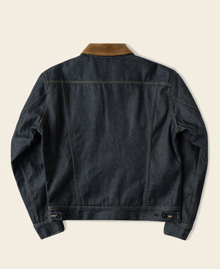 Indigo denim jacket with brown corduroy collar, back view, buttoned cuffs