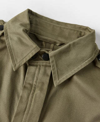 Khaki green M-42 jacket collar close-up with snap straps and buttoned throat tab