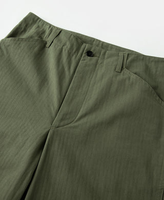 Olive pants close-up showing front fly, button closure, and belt loops.