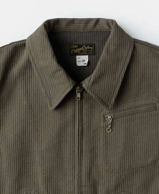 Dark olive striped cotton Cossack jacket with pointed collar and front zip closure