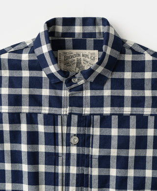 Blue-and-white plaid work jacket collar and button placket close-up