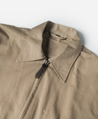 Khaki jacket close-up with stand collar and black zipper pull