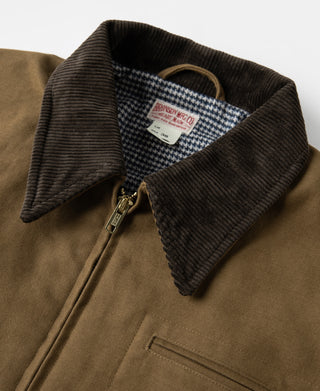 Brown cossack jacket neckline with dark ribbed collar lining and zipper front