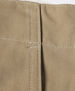 Khaki officer trousers waistband seam and center placket stitching detail