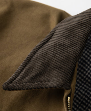 Dark houndstooth knit collar lining detail on brown cossack jacket