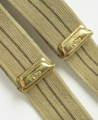 Khaki striped suspender straps with gold-tone metal adjuster end clips