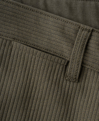 Work trouser pocket and belt loop detail with vertical pique stripe fabric, dark coffee.