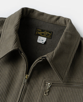 Dark olive striped Cossack jacket showing high collar and zipper pull at chest
