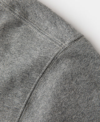 Gray heather t-shirt back yoke and seam stitching detail