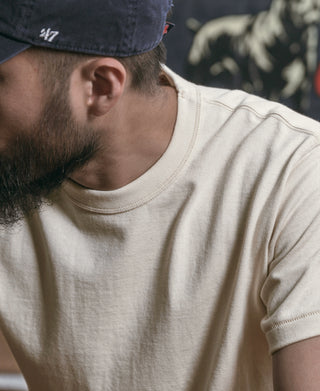 Apricot athletic T-shirt collar and short sleeve close-up on a model profile.