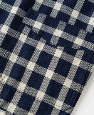 Blue-and-white plaid work jacket fabric and seam detail
