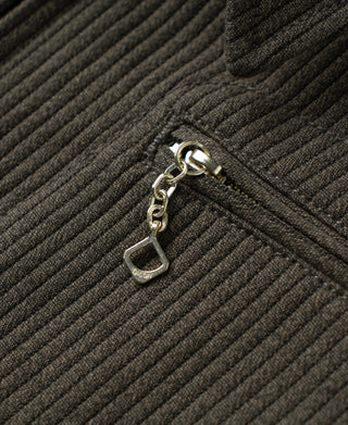 Coffee pique stripe cossack jacket front detail with metal chain and ring pull