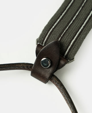 Brown leather button-on clip end with metal snap on olive striped suspender