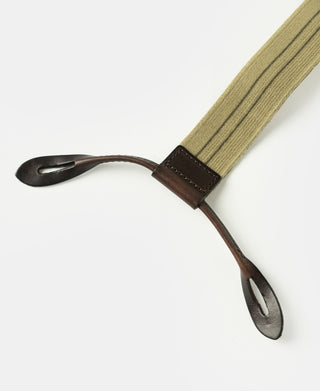 Khaki striped suspender with dark brown leather end tab and loop