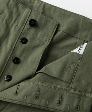 Olive pants interior waistband with multiple buttons and pocket pocket lining.
