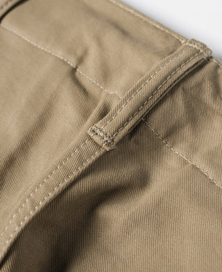Khaki officer trousers zipper fly with reinforced stitching and interior seam