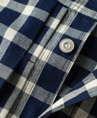 Plaid work jacket cuff and button close-up