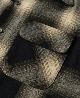 Brushed cotton ombre check sports shirt pocket and button placket close-up, black and beige