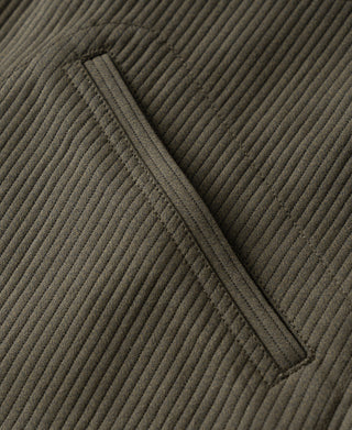 Dark olive striped Cossack jacket interior edge with stitched seam detail